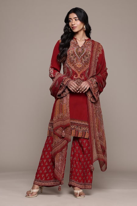 Ritu Kumar_Red Viscose Tassels Split V-neck Adrika Dusty Pink Printed Kurta Set _Online_at_Aza_Fashions