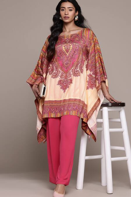 Buy Ritu Kumar Beige Cotton Round Neck Asymmetrical Printed Kurti Online at Aza Fashions Buy_Ritu Kumar_Beige Cotton Round Neck Asymmetrical Printed Kurti _Online_at_Aza_Fashions