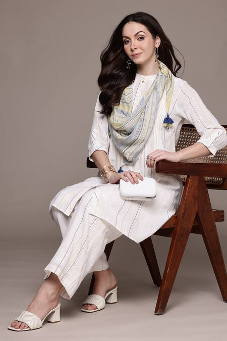 Ritu Kumar_Beige Viscose Tassels Collared Apeksha Kurta Set With Pant And Dupatta_Online_at_Aza_Fashions