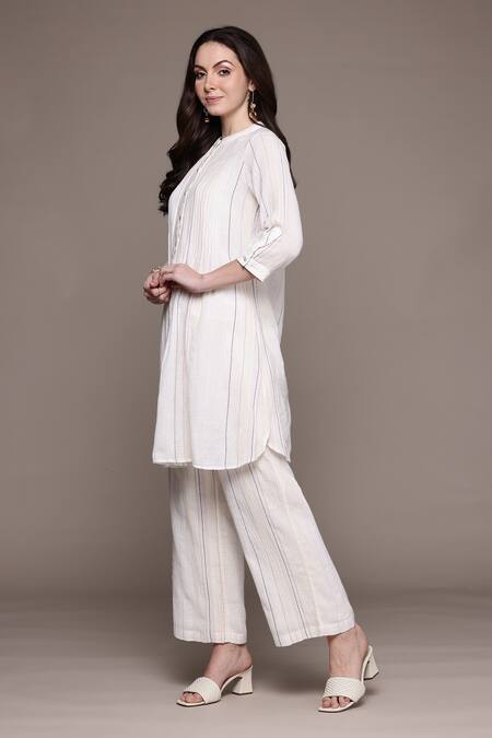 Ritu Kumar_Beige Viscose Tassels Collared Apeksha Kurta Set With Pant And Dupatta_at_Aza_Fashions