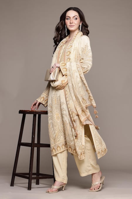 Ritu Kumar_Beige Viscose Embroidery Round Neck Arith Kurta Set With Pant And Dupatta _Online_at_Aza_Fashions