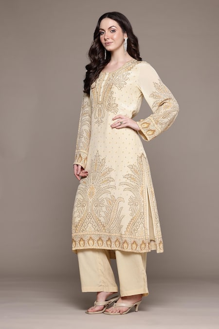 Buy_Ritu Kumar_Beige Viscose Embroidery Round Neck Arith Kurta Set With Pant And Dupatta _Online_at_Aza_Fashions