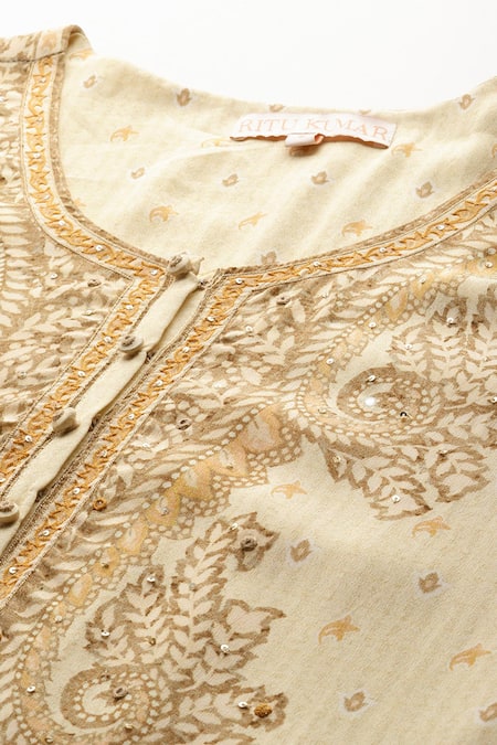 Shop Ritu Kumar Beige Viscose Embroidery Round Neck Arith Kurta Set With Pant And Dupatta Online at Aza Fashions Shop_Ritu Kumar_Beige Viscose Embroidery Round Neck Arith Kurta Set With Pant And Dupatta _Online_at_Aza_Fashions