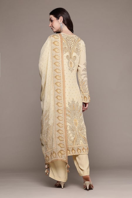 Shop Ritu Kumar Beige Viscose Embroidery Round Neck Arith Kurta Set With Pant And Dupatta at Aza Fashions Shop_Ritu Kumar_Beige Viscose Embroidery Round Neck Arith Kurta Set With Pant And Dupatta _at_Aza_Fashions