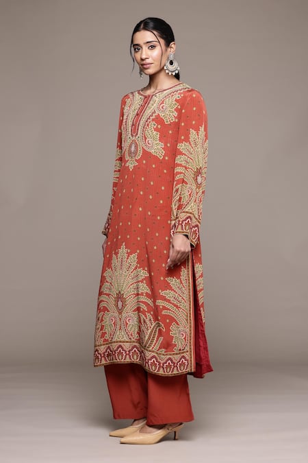 Ritu Kumar Rust Cotton Sequins, Embroidery Round Neck Arith Kurta Set With Pant And Dupatta Online at Aza Fashions Ritu Kumar_Rust Cotton Sequins, Embroidery Round Neck Arith Kurta Set With Pant And Dupatta _Online_at_Aza_Fashions