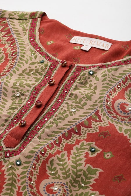 Ritu Kumar Rust Cotton Sequins, Embroidery Round Neck Arith Kurta Set With Pant And Dupatta at Aza Fashions Ritu Kumar_Rust Cotton Sequins, Embroidery Round Neck Arith Kurta Set With Pant And Dupatta _at_Aza_Fashions