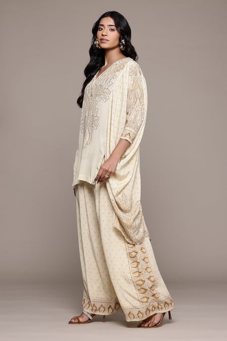 Ritu Kumar_Beige Viscose Embroidery V-neck Arith Kurta And Pant Set _Online_at_Aza_Fashions