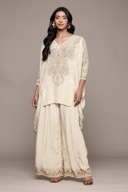 Buy_Ritu Kumar_Beige Viscose Embroidery V-neck Arith Kurta And Pant Set _Online_at_Aza_Fashions