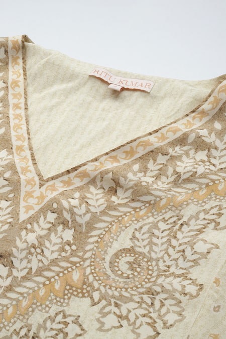 Shop_Ritu Kumar_Beige Viscose Embroidery V-neck Arith Kurta And Pant Set _Online_at_Aza_Fashions