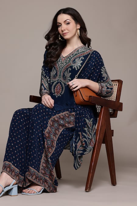 Shop_Ritu Kumar_Blue Viscose Embroidery V-neck Arith Printed Kaftan Set _Online_at_Aza_Fashions