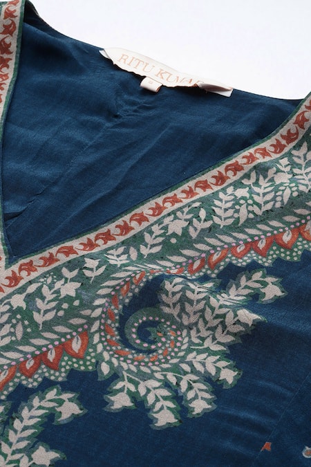 Buy Ritu Kumar Blue Viscose Embroidery V-neck Arith Printed Kaftan Set Buy_Ritu Kumar_Blue Viscose Embroidery V-neck Arith Printed Kaftan Set