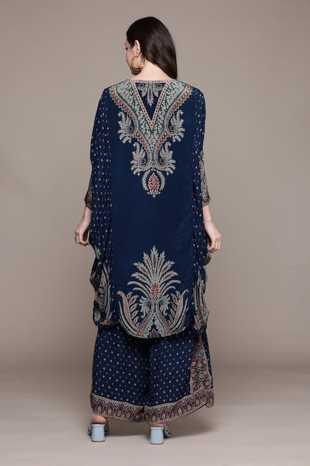 Shop_Ritu Kumar_Blue Viscose Embroidery V-neck Arith Printed Kaftan Set _at_Aza_Fashions