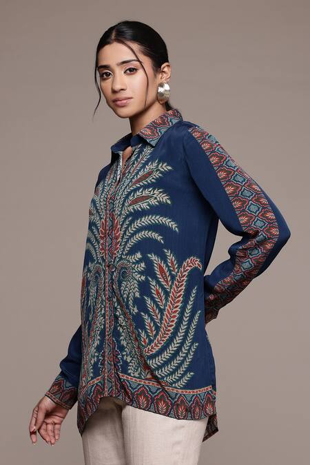 Buy_Ritu Kumar_Blue Viscose Embroidery Collared Designer Arith Shirt_Online_at_Aza_Fashions