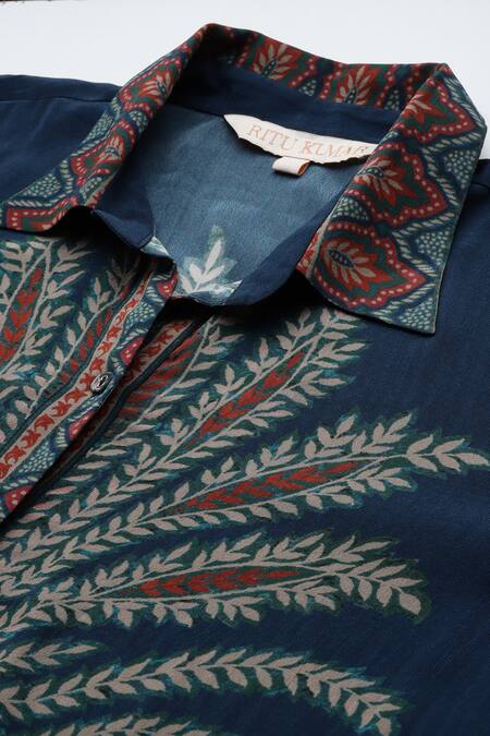 Ritu Kumar_Blue Viscose Embroidery Collared Designer Arith Shirt_at_Aza_Fashions