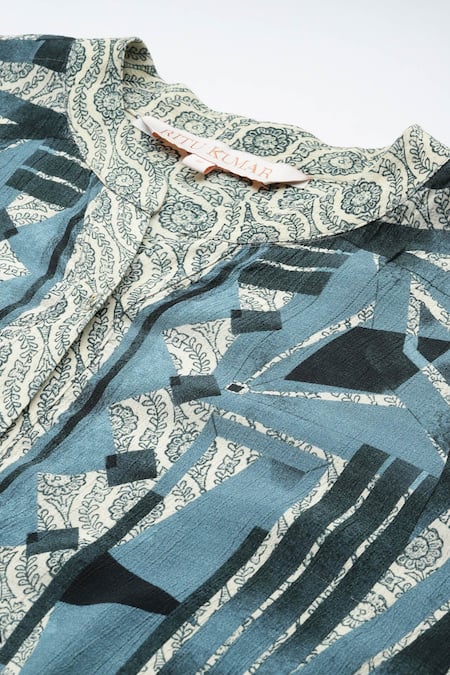 Shop_Ritu Kumar_Blue Viscose V-neck Geometric Print Kurta Set _Online_at_Aza_Fashions