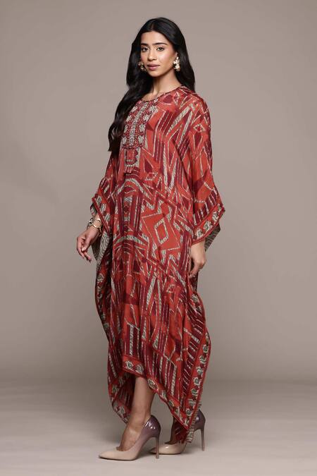 Ritu Kumar_Red Viscose, Chiffon Round Neck Designer Long Dress With Camisole _Online_at_Aza_Fashions