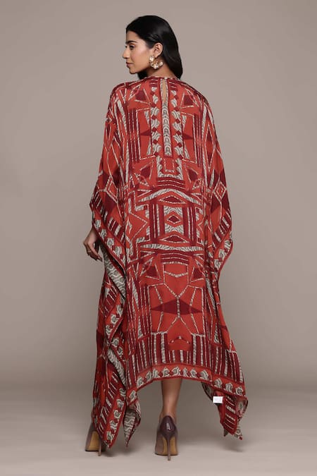 Shop_Ritu Kumar_Red Viscose, Chiffon Round Neck Designer Long Dress With Camisole _at_Aza_Fashions