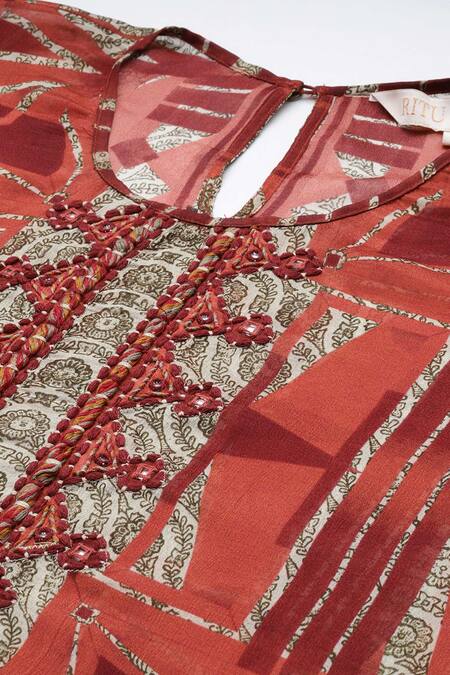 Buy_Ritu Kumar_Red Viscose, Chiffon Round Neck Designer Long Dress With Camisole _Online_at_Aza_Fashions