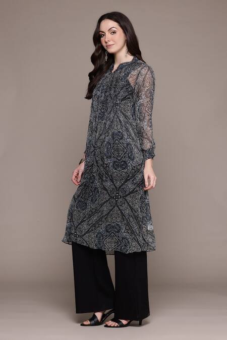Ritu Kumar_Black Viscose Embroidery Mandarin Collar Printed Avanti Kurta _Online_at_Aza_Fashions