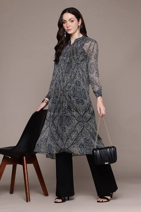 Buy Ritu Kumar Black Viscose Embroidery Mandarin Collar Printed Avanti Kurta Online at Aza Fashions Buy_Ritu Kumar_Black Viscose Embroidery Mandarin Collar Printed Avanti Kurta _Online_at_Aza_Fashions