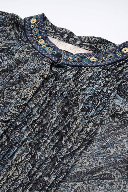 Ritu Kumar_Black Viscose Embroidery Mandarin Collar Printed Avanti Kurta _at_Aza_Fashions