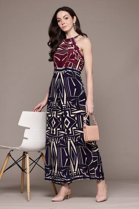 Ritu Kumar_Blue Viscose Halter Neck Geometric Patterned Jumpsuit _Online_at_Aza_Fashions