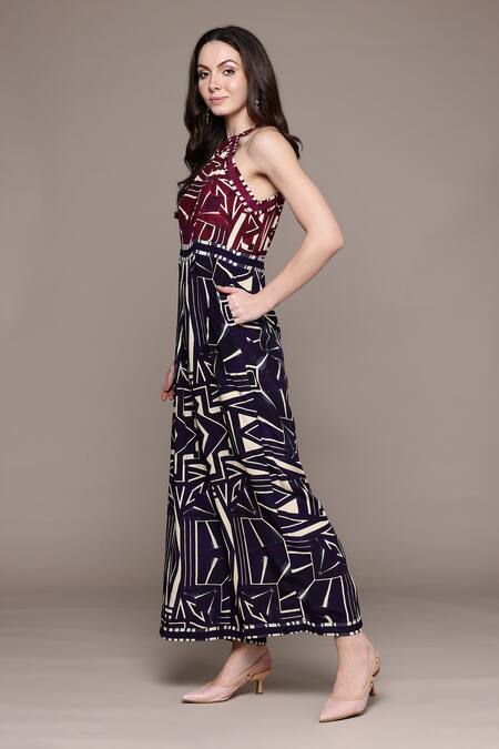 Buy_Ritu Kumar_Blue Viscose Halter Neck Geometric Patterned Jumpsuit _Online_at_Aza_Fashions