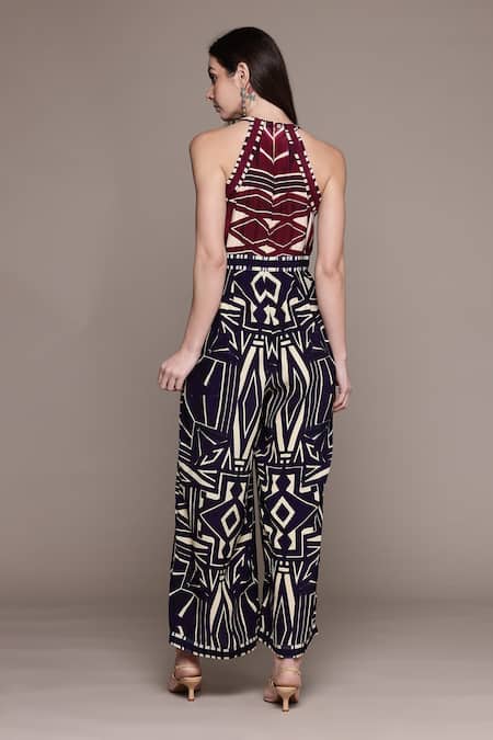 Shop_Ritu Kumar_Blue Viscose Halter Neck Geometric Patterned Jumpsuit _at_Aza_Fashions