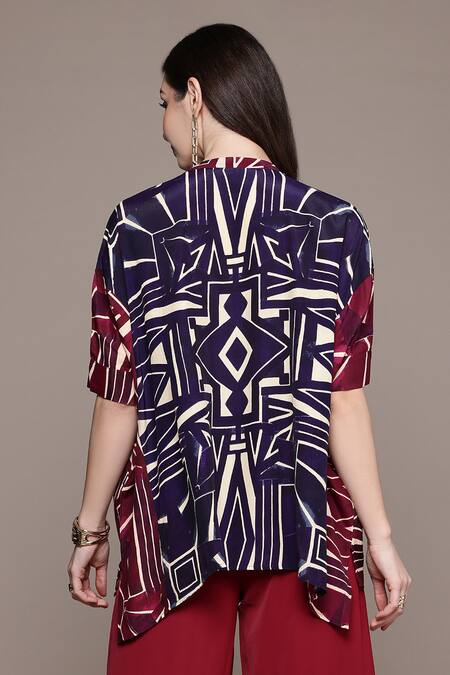 Shop Ritu Kumar Blue Viscose Round Neck Geometric Print Ayatah Blouse at Aza Fashions Shop_Ritu Kumar_Blue Viscose Round Neck Geometric Print Ayatah Blouse_at_Aza_Fashions
