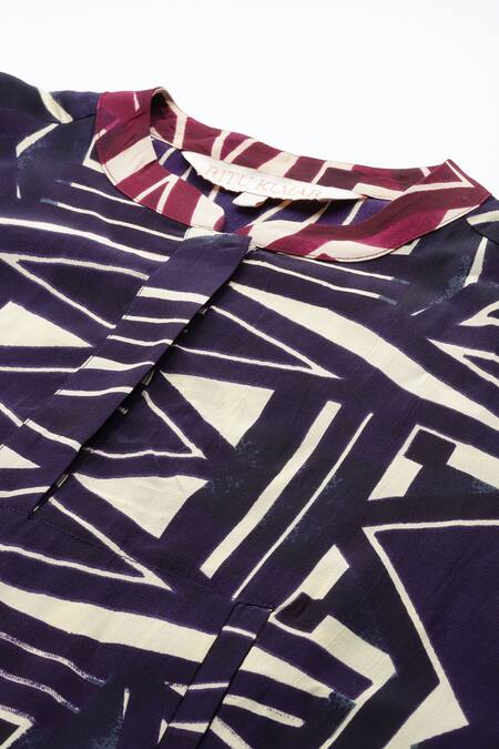 Shop_Ritu Kumar_Blue Viscose Round Neck Geometric Print Ayatah Blouse_Online_at_Aza_Fashions