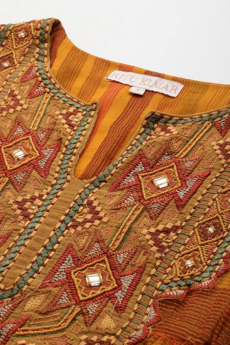Shop Ritu Kumar Orange Cotton Embroidery Split V-neck Bauhaus Print Kurta Set Shop_Ritu Kumar_Orange Cotton Embroidery Split V-neck Bauhaus Print Kurta Set