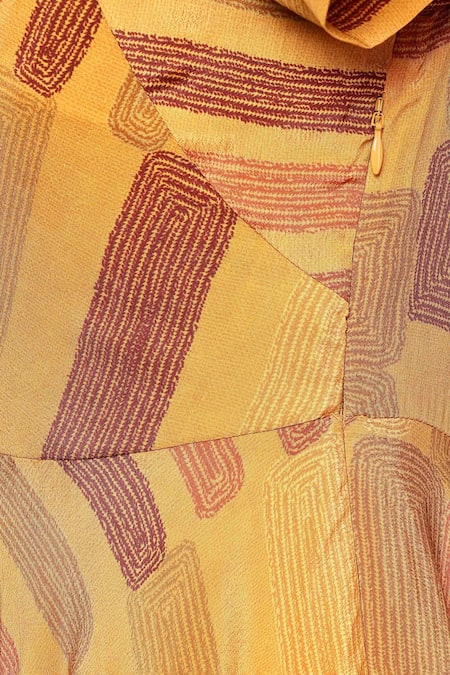 Ritu Kumar_Orange Viscose Round Neck Bauhaus Print Long Dress _Online_at_Aza_Fashions