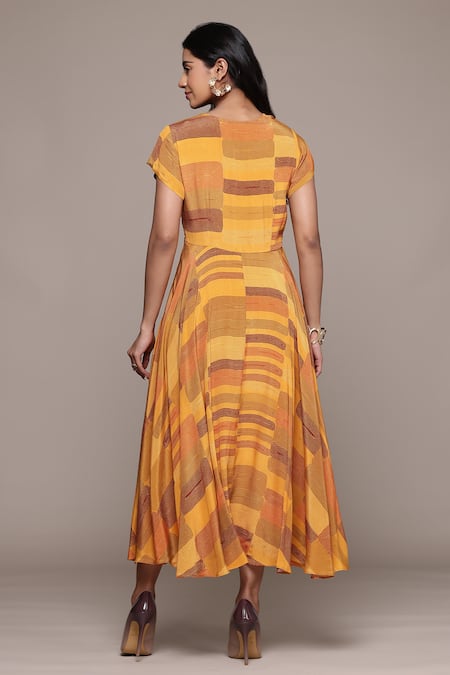 Shop_Ritu Kumar_Orange Viscose Round Neck Bauhaus Print Long Dress _at_Aza_Fashions