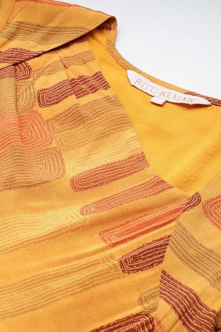 Buy_Ritu Kumar_Orange Viscose Round Neck Bauhaus Print Long Dress _Online_at_Aza_Fashions