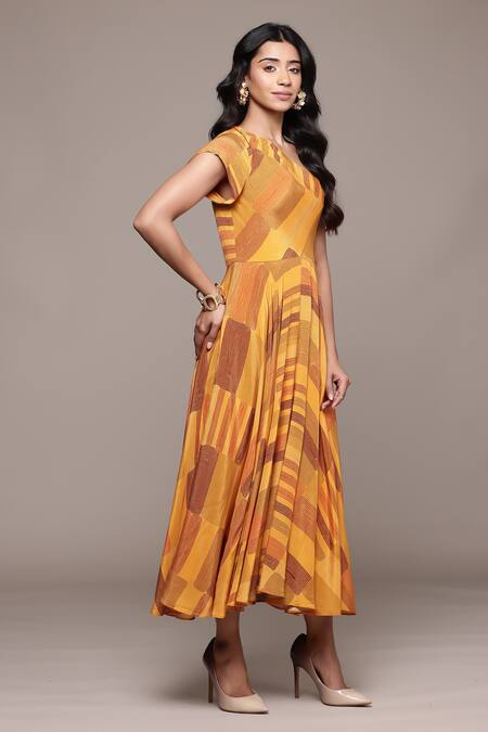 Shop_Ritu Kumar_Orange Viscose Round Neck Bauhaus Print Long Dress _Online_at_Aza_Fashions