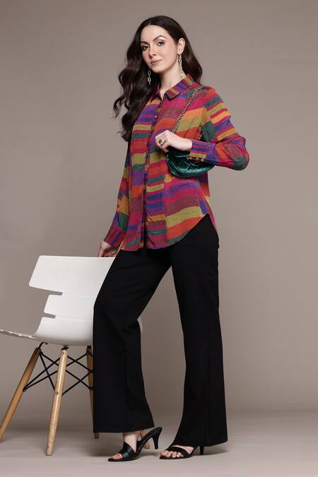 Ritu Kumar_Pink Viscose Collared Bauhaus Print Loose Shirt_Online_at_Aza_Fashions