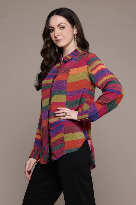 Buy_Ritu Kumar_Pink Viscose Collared Bauhaus Print Loose Shirt_Online_at_Aza_Fashions