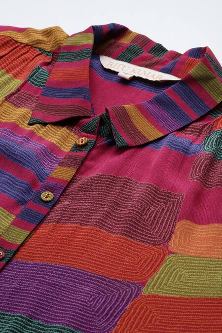 Shop_Ritu Kumar_Pink Viscose Collared Bauhaus Print Loose Shirt_Online_at_Aza_Fashions