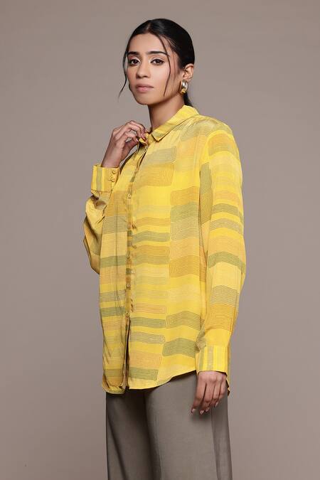 Ritu Kumar_Yellow Viscose Collared Bauhaus Print Loose Fit Shirt_Online_at_Aza_Fashions