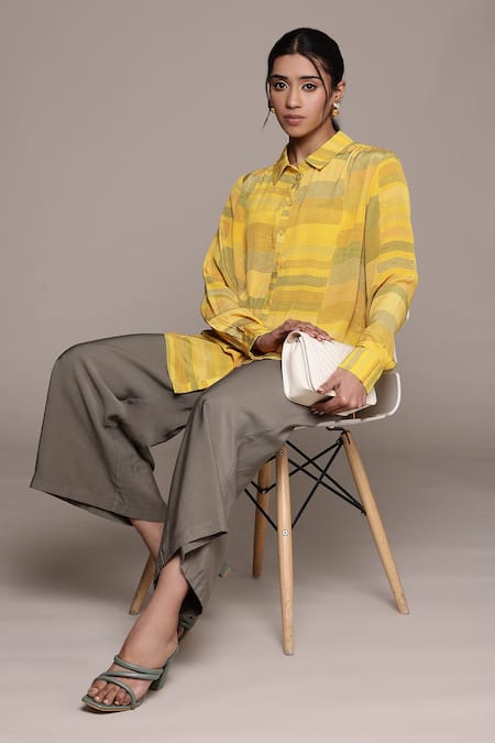 Buy_Ritu Kumar_Yellow Viscose Collared Bauhaus Print Loose Fit Shirt_Online_at_Aza_Fashions