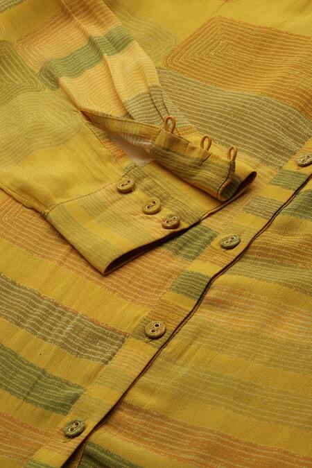 Ritu Kumar_Yellow Viscose Collared Bauhaus Print Loose Fit Shirt_at_Aza_Fashions