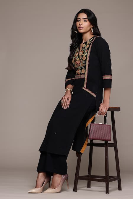 Shop_Ritu Kumar_Black Cotton Embroidery Keyhole Neck Carpet Kurta Set _Online_at_Aza_Fashions