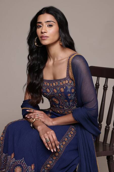 Ritu Kumar_Blue Viscose, Cotton Embroidery Round Neck Dharohar Kurta Set _Online_at_Aza_Fashions