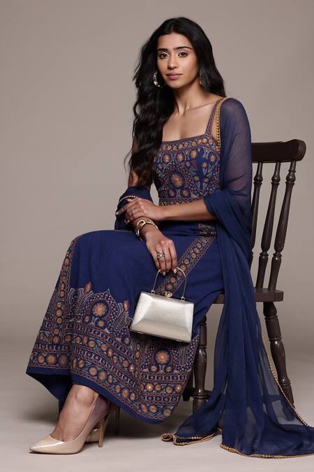 Shop_Ritu Kumar_Blue Viscose, Cotton Embroidery Round Neck Dharohar Kurta Set _Online_at_Aza_Fashions