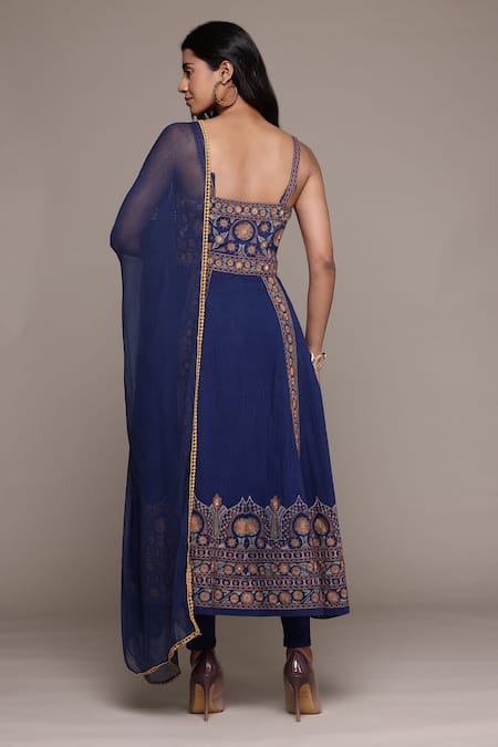 Shop_Ritu Kumar_Blue Viscose, Cotton Embroidery Round Neck Dharohar Kurta Set _at_Aza_Fashions