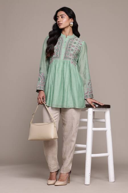 Ritu Kumar_Green Cotton, Silk Embroidery Round Neck Dharohar Kurti _Online_at_Aza_Fashions