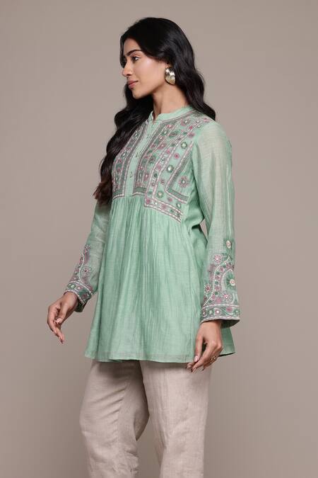 Buy_Ritu Kumar_Green Cotton, Silk Embroidery Round Neck Dharohar Kurti _Online_at_Aza_Fashions