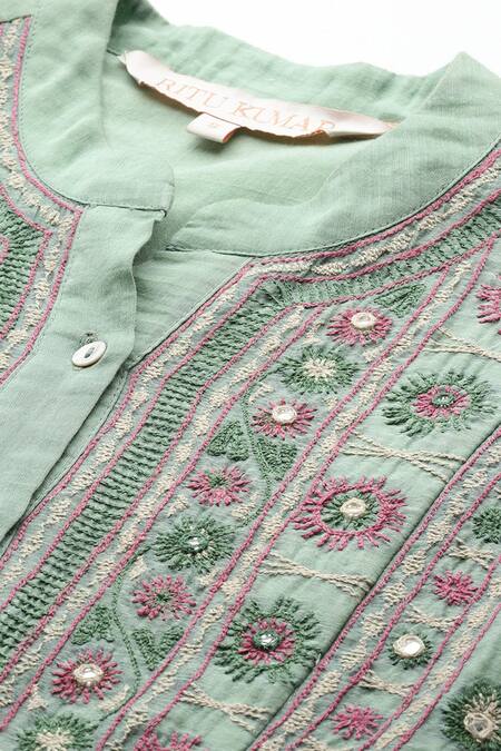 Shop_Ritu Kumar_Green Cotton, Silk Embroidery Round Neck Dharohar Kurti _Online_at_Aza_Fashions
