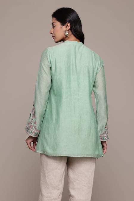 Shop_Ritu Kumar_Green Cotton, Silk Embroidery Round Neck Dharohar Kurti _at_Aza_Fashions