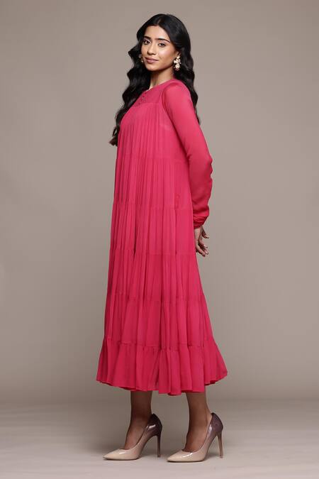 Ritu Kumar_Pink Viscose, Cotton Round Neck Fuchsia Essential-ahram Midi Dress And Camisole _Online_at_Aza_Fashions